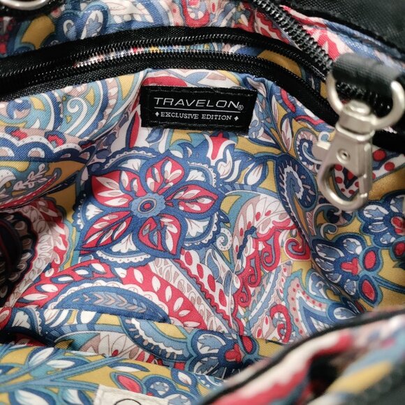 Travelon Exclusive Edition RFID Paisley Lining Black Quilted Crossbody Bag - Picture 6 of 11